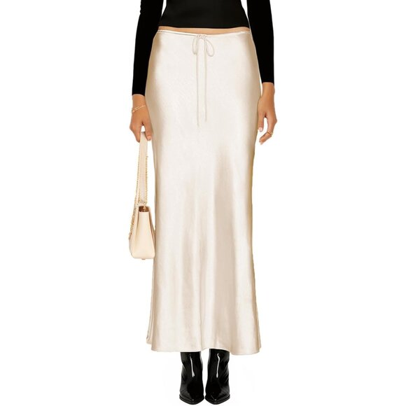 Dresses & Skirts - Women's Beige Drawstring Satin High Waist Silk A Line Flowy Long Maxi Skirt